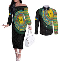 Malampa Tribal Tattoo with Namele Leaves Couples Matching Off The Shoulder Long Sleeve Dress and Long Sleeve Button Shirt LT03 Black - Polynesian Pride