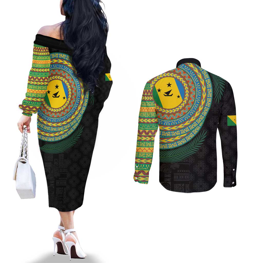 Malampa Tribal Tattoo with Namele Leaves Couples Matching Off The Shoulder Long Sleeve Dress and Long Sleeve Button Shirt LT03 - Polynesian Pride