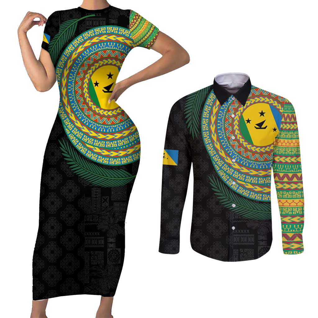 Malampa Tribal Tattoo with Namele Leaves Couples Matching Short Sleeve Bodycon Dress and Long Sleeve Button Shirt LT03 Black - Polynesian Pride