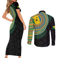 Malampa Tribal Tattoo with Namele Leaves Couples Matching Short Sleeve Bodycon Dress and Long Sleeve Button Shirt LT03 - Polynesian Pride