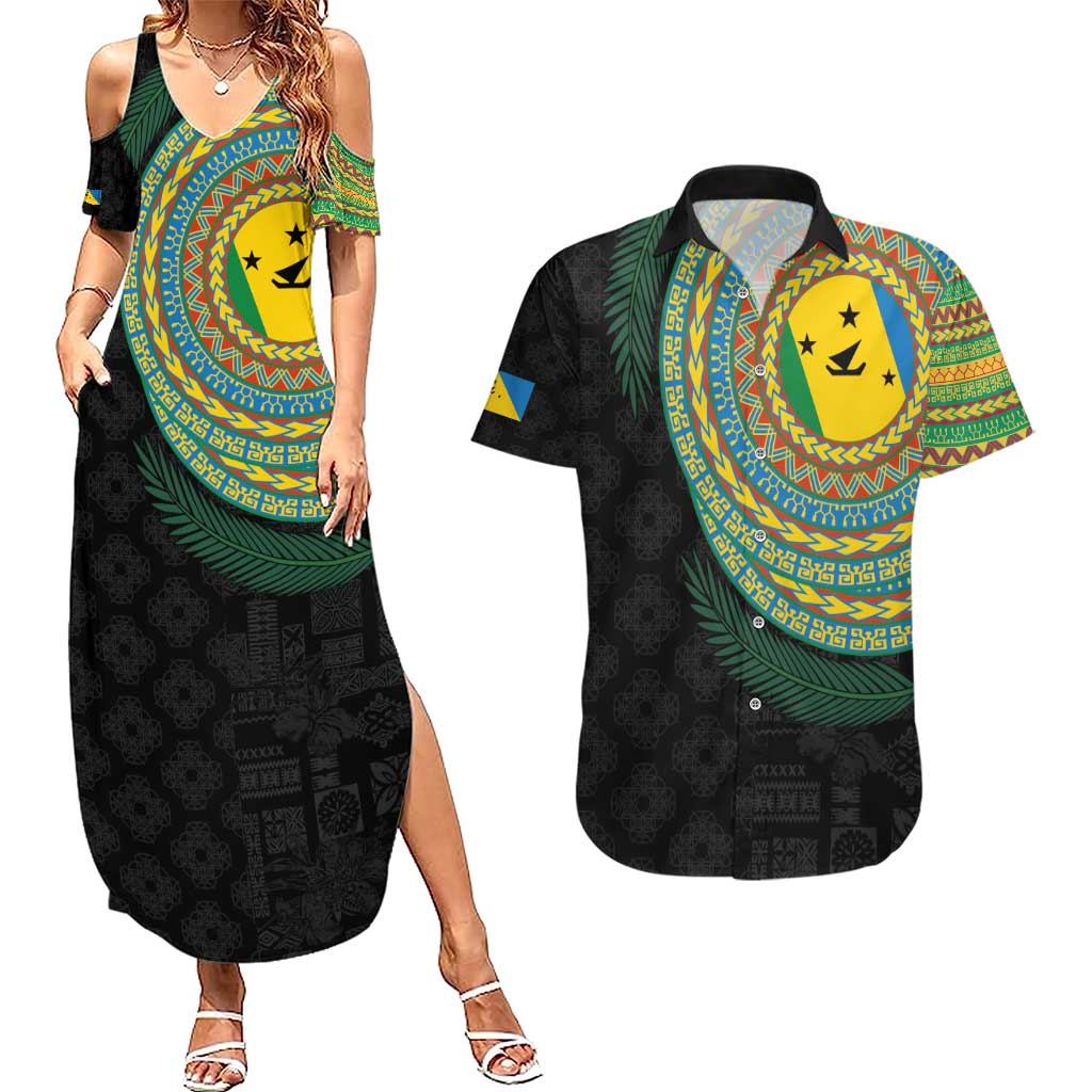 Malampa Tribal Tattoo with Namele Leaves Couples Matching Summer Maxi Dress and Hawaiian Shirt LT03 Black - Polynesian Pride