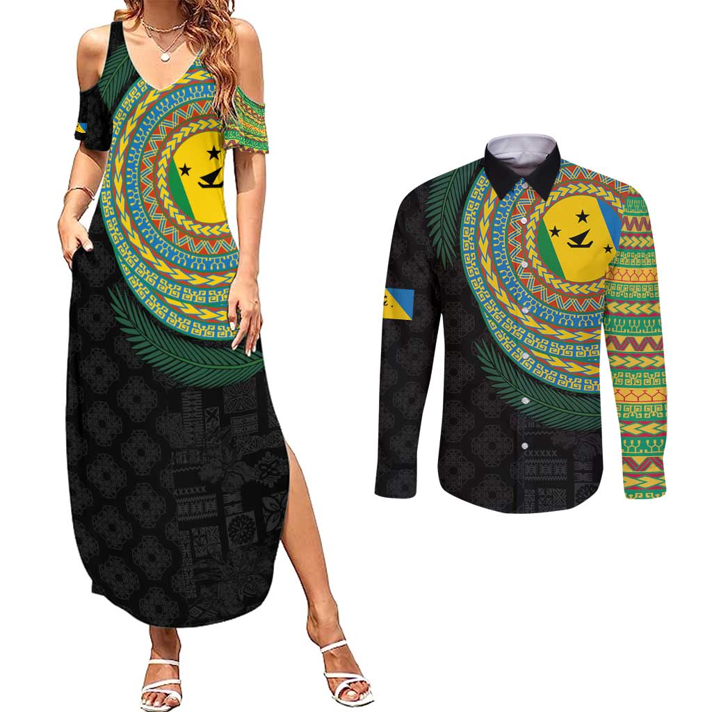 Malampa Tribal Tattoo with Namele Leaves Couples Matching Summer Maxi Dress and Long Sleeve Button Shirt LT03 Black - Polynesian Pride