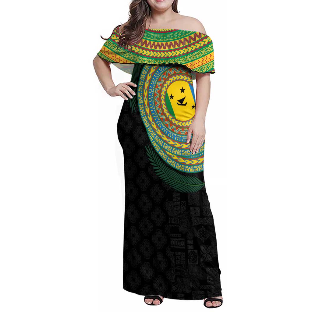 Malampa Tribal Tattoo with Namele Leaves Family Matching Off Shoulder Maxi Dress and Hawaiian Shirt LT03 Mom's Dress Black - Polynesian Pride