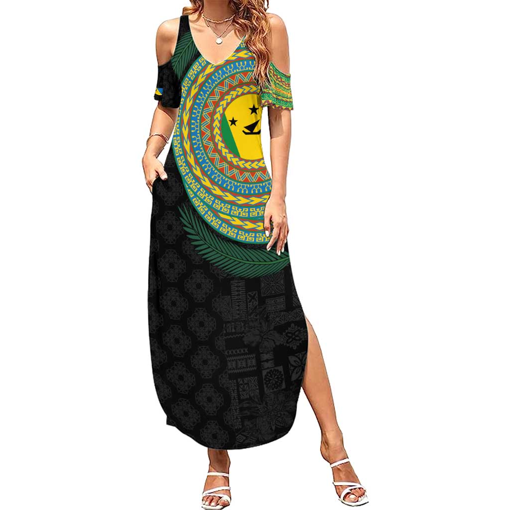 Malampa Tribal Tattoo with Namele Leaves Family Matching Summer Maxi Dress and Hawaiian Shirt LT03 Mom's Dress Black - Polynesian Pride