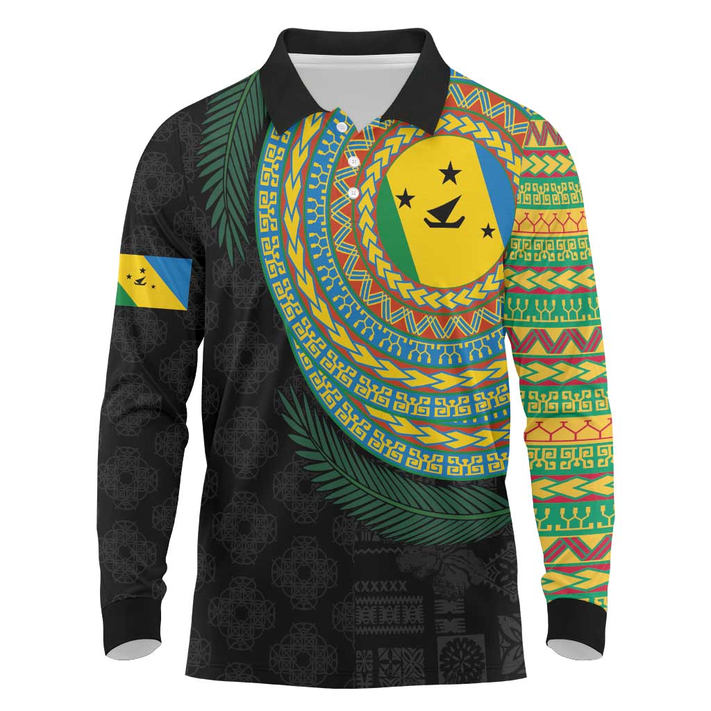 Malampa Tribal Tattoo with Namele Leaves Long Sleeve Polo Shirt LT03 Black - Polynesian Pride