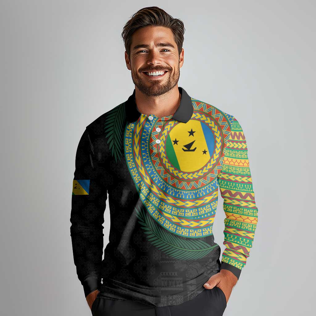 Malampa Tribal Tattoo with Namele Leaves Long Sleeve Polo Shirt LT03 - Polynesian Pride