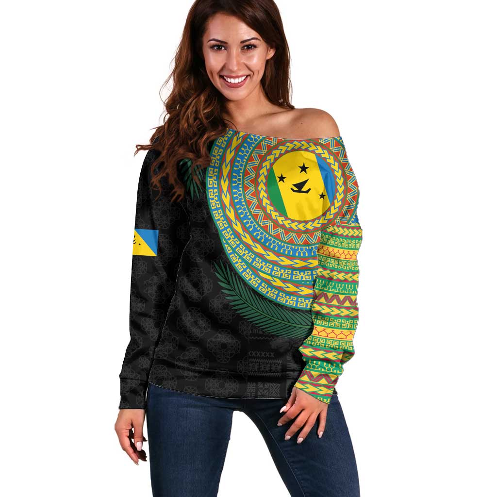 Malampa Tribal Tattoo with Namele Leaves Off Shoulder Sweater