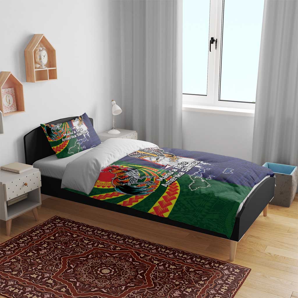 Manuʻa Islands and American Samoa Together Bedding Set Rooster and Eagle Mascot National Map and Flag Style