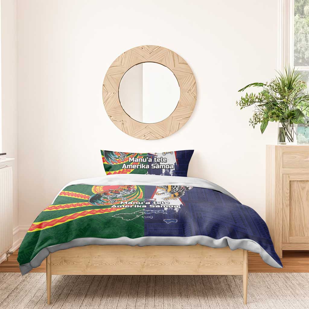 Manuʻa Islands and American Samoa Together Bedding Set Rooster and Eagle Mascot National Map and Flag Style