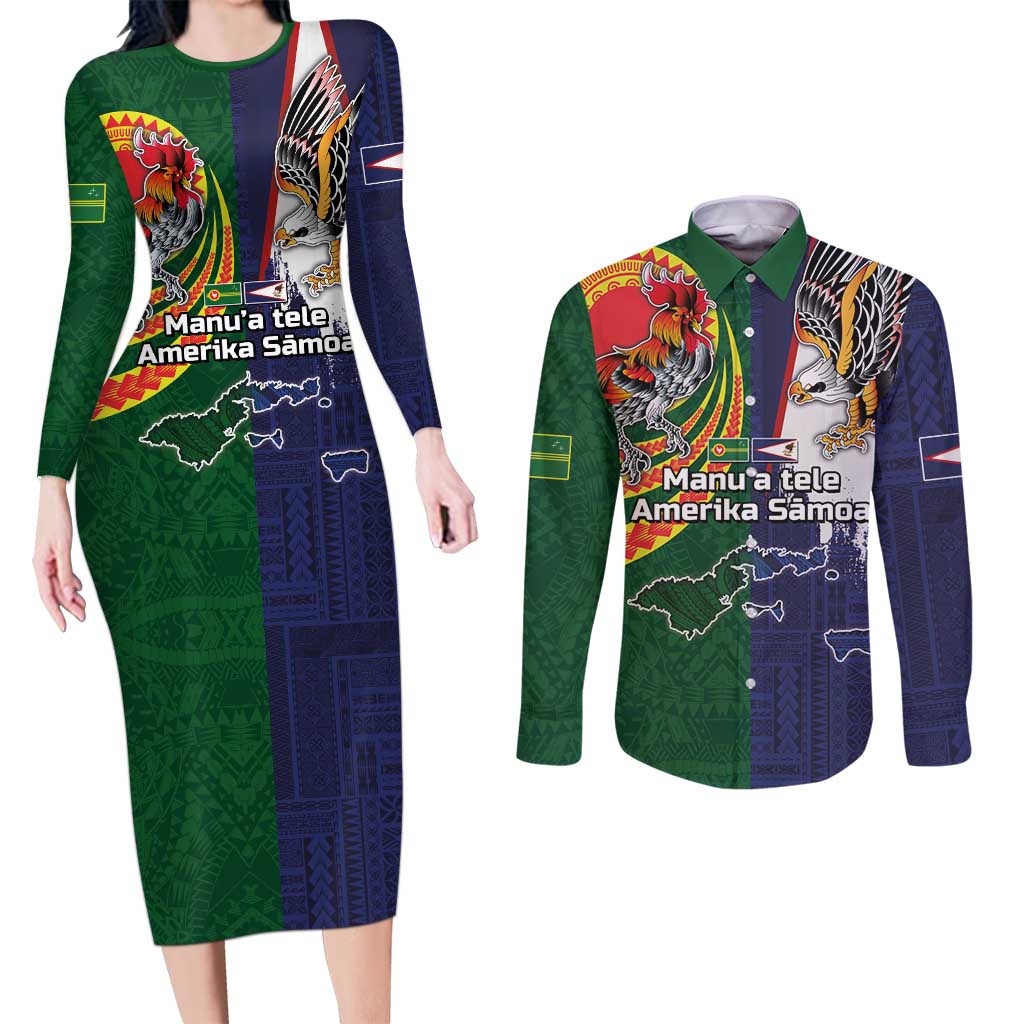 Manuʻa Islands and American Samoa Together Couples Matching Long Sleeve Bodycon Dress and Long Sleeve Button Shirt Rooster and Eagle Mascot National Map and Flag Style LT03 Green - Polynesian Pride