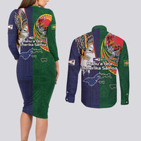 Manuʻa Islands and American Samoa Together Couples Matching Long Sleeve Bodycon Dress and Long Sleeve Button Shirt Rooster and Eagle Mascot National Map and Flag Style LT03 - Polynesian Pride
