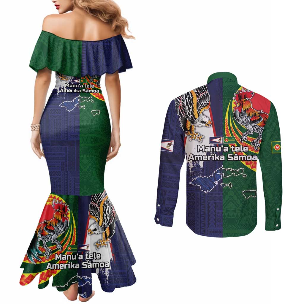 Manuʻa Islands and American Samoa Together Couples Matching Mermaid Dress and Long Sleeve Button Shirt Rooster and Eagle Mascot National Map and Flag Style LT03 - Polynesian Pride
