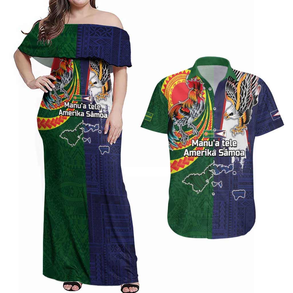 Manuʻa Islands and American Samoa Together Couples Matching Off Shoulder Maxi Dress and Hawaiian Shirt Rooster and Eagle Mascot National Map and Flag Style LT03 Green - Polynesian Pride