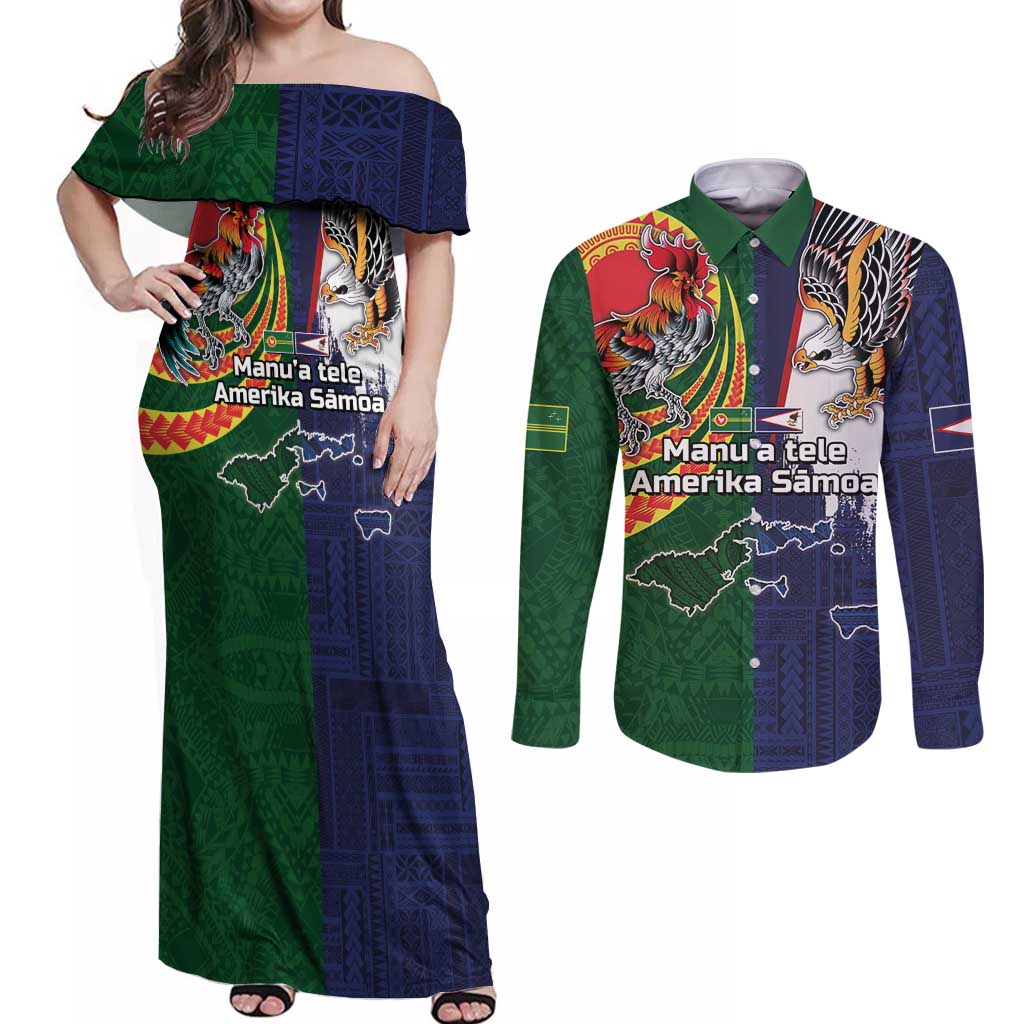 Manuʻa Islands and American Samoa Together Couples Matching Off Shoulder Maxi Dress and Long Sleeve Button Shirt Rooster and Eagle Mascot National Map and Flag Style LT03 Green - Polynesian Pride