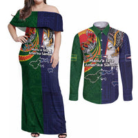 Manuʻa Islands and American Samoa Together Couples Matching Off Shoulder Maxi Dress and Long Sleeve Button Shirt Rooster and Eagle Mascot National Map and Flag Style LT03 Green - Polynesian Pride
