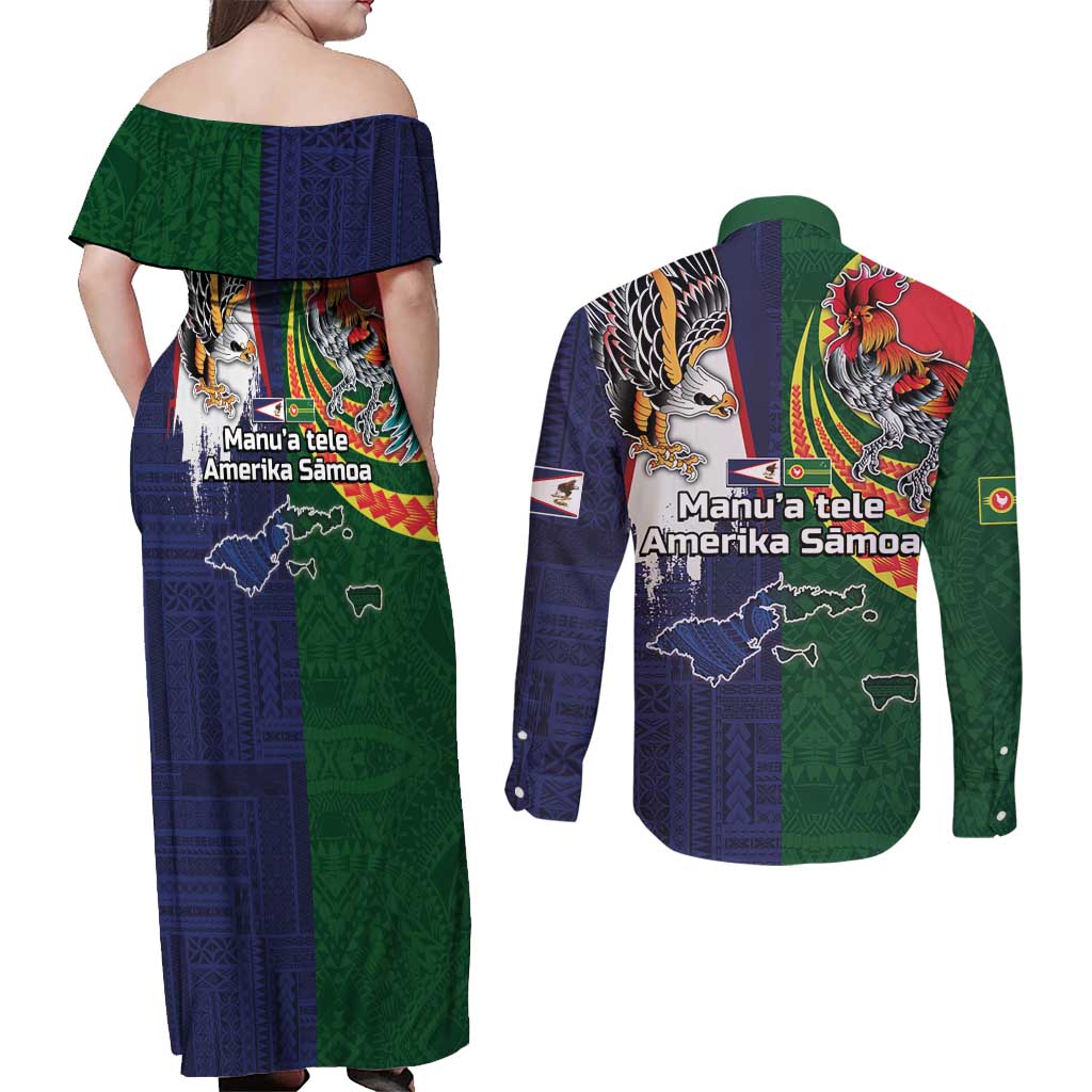 Manuʻa Islands and American Samoa Together Couples Matching Off Shoulder Maxi Dress and Long Sleeve Button Shirt Rooster and Eagle Mascot National Map and Flag Style LT03 - Polynesian Pride