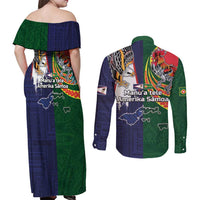 Manuʻa Islands and American Samoa Together Couples Matching Off Shoulder Maxi Dress and Long Sleeve Button Shirt Rooster and Eagle Mascot National Map and Flag Style LT03 - Polynesian Pride