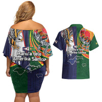 Manuʻa Islands and American Samoa Together Couples Matching Off Shoulder Short Dress and Hawaiian Shirt Rooster and Eagle Mascot National Map and Flag Style LT03 - Polynesian Pride