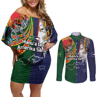Manuʻa Islands and American Samoa Together Couples Matching Off Shoulder Short Dress and Long Sleeve Button Shirt Rooster and Eagle Mascot National Map and Flag Style LT03 Green - Polynesian Pride