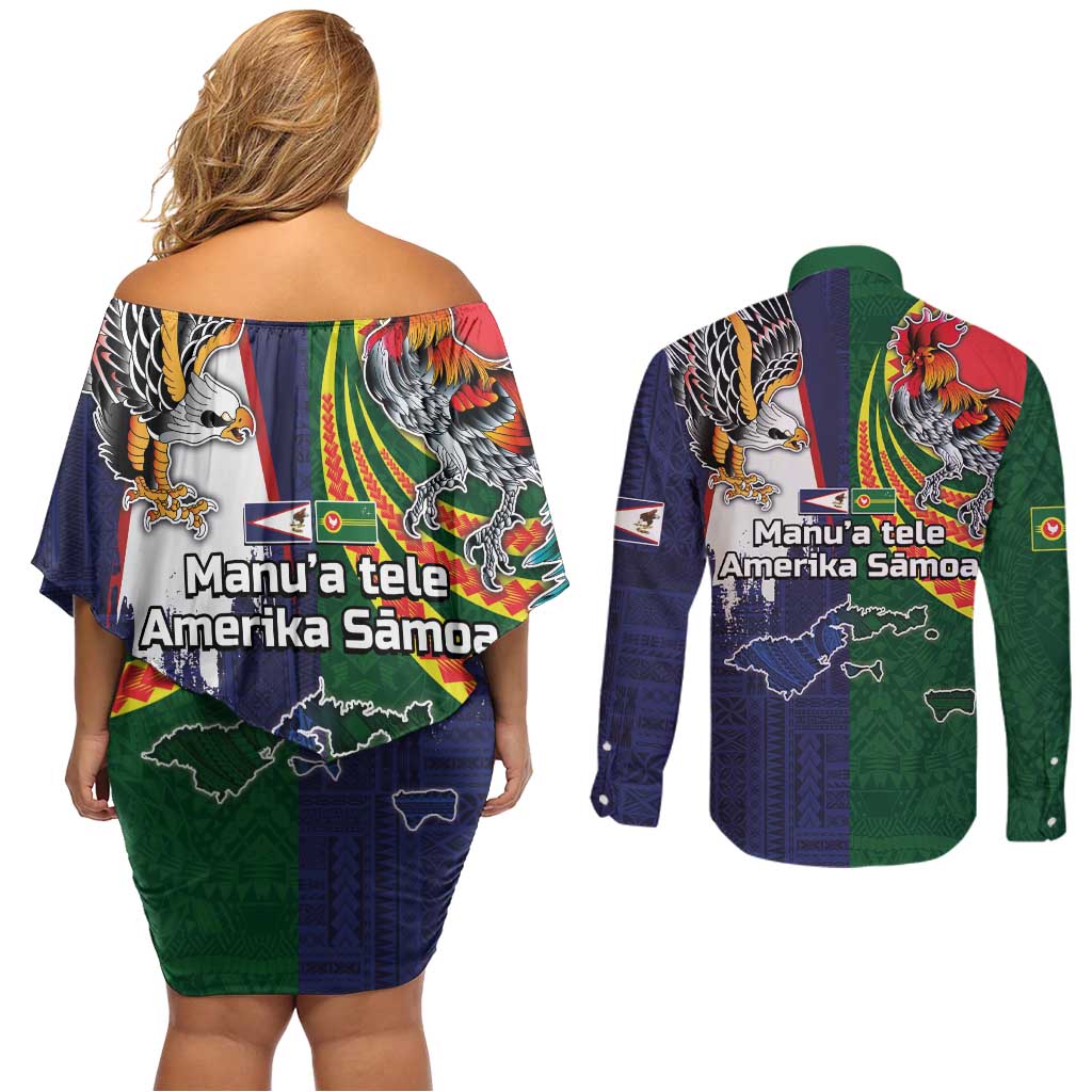 Manuʻa Islands and American Samoa Together Couples Matching Off Shoulder Short Dress and Long Sleeve Button Shirt Rooster and Eagle Mascot National Map and Flag Style LT03 - Polynesian Pride