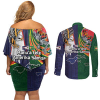 Manuʻa Islands and American Samoa Together Couples Matching Off Shoulder Short Dress and Long Sleeve Button Shirt Rooster and Eagle Mascot National Map and Flag Style LT03 - Polynesian Pride