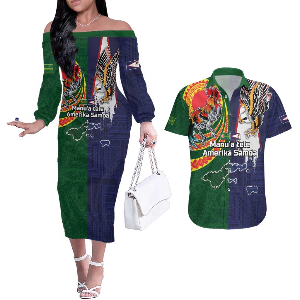 Manuʻa Islands and American Samoa Together Couples Matching Off The Shoulder Long Sleeve Dress and Hawaiian Shirt Rooster and Eagle Mascot National Map and Flag Style LT03 Green - Polynesian Pride