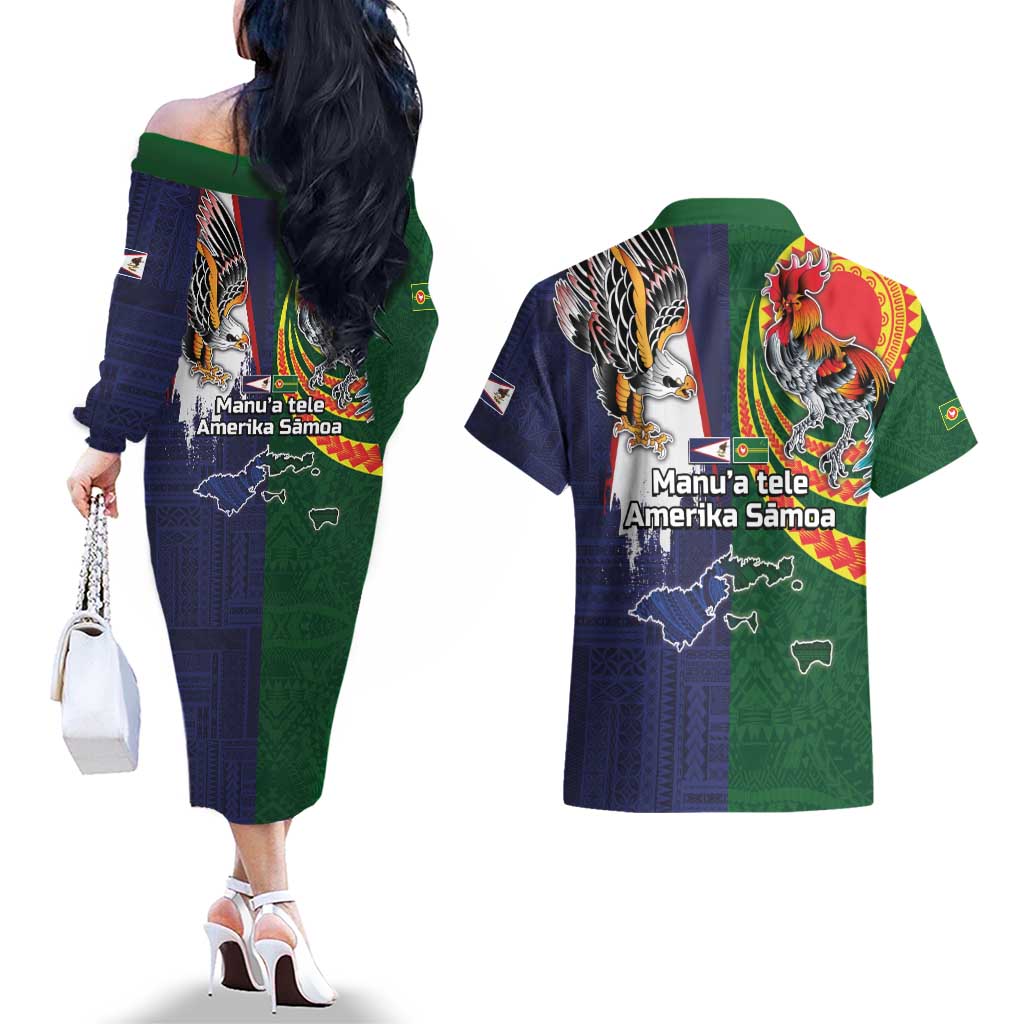 Manuʻa Islands and American Samoa Together Couples Matching Off The Shoulder Long Sleeve Dress and Hawaiian Shirt Rooster and Eagle Mascot National Map and Flag Style LT03 - Polynesian Pride