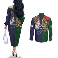 Manuʻa Islands and American Samoa Together Couples Matching Off The Shoulder Long Sleeve Dress and Long Sleeve Button Shirt Rooster and Eagle Mascot National Map and Flag Style LT03 - Polynesian Pride