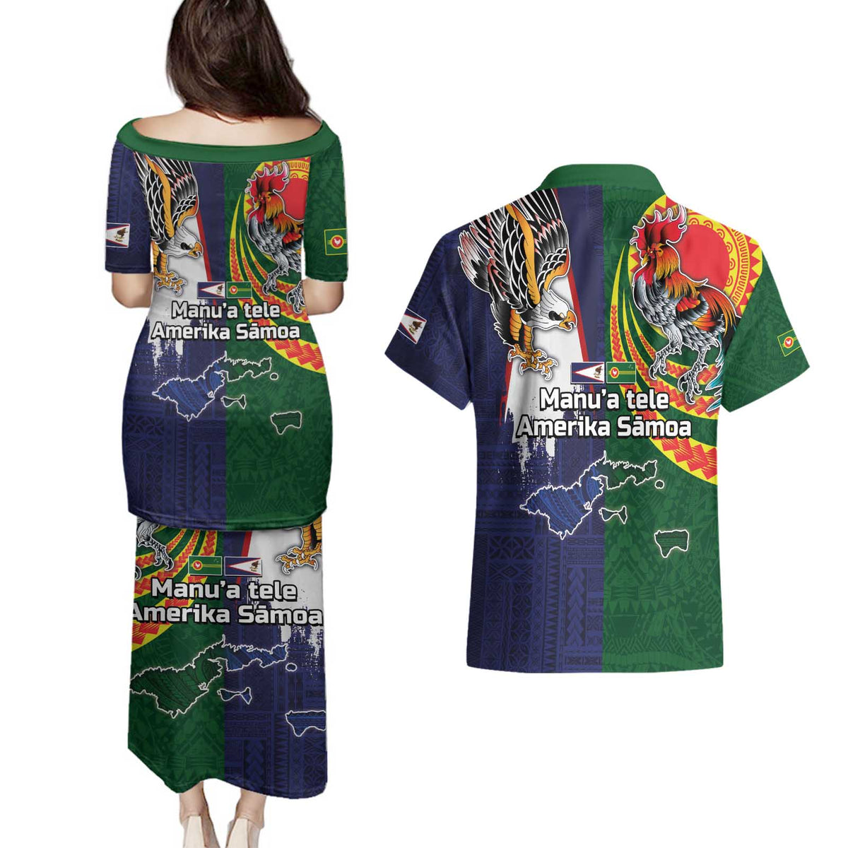 Manuʻa Islands and American Samoa Together Couples Matching Puletasi and Hawaiian Shirt Rooster and Eagle Mascot National Map and Flag Style LT03 - Polynesian Pride