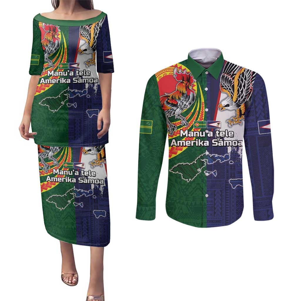Manuʻa Islands and American Samoa Together Couples Matching Puletasi and Long Sleeve Button Shirt Rooster and Eagle Mascot National Map and Flag Style