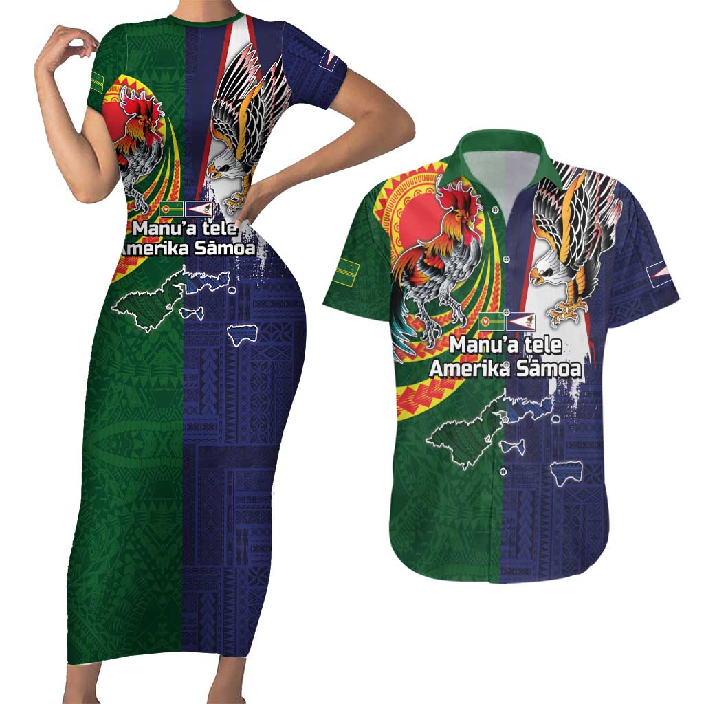 Manuʻa Islands and American Samoa Together Couples Matching Short Sleeve Bodycon Dress and Hawaiian Shirt Rooster and Eagle Mascot National Map and Flag Style LT03 Green - Polynesian Pride