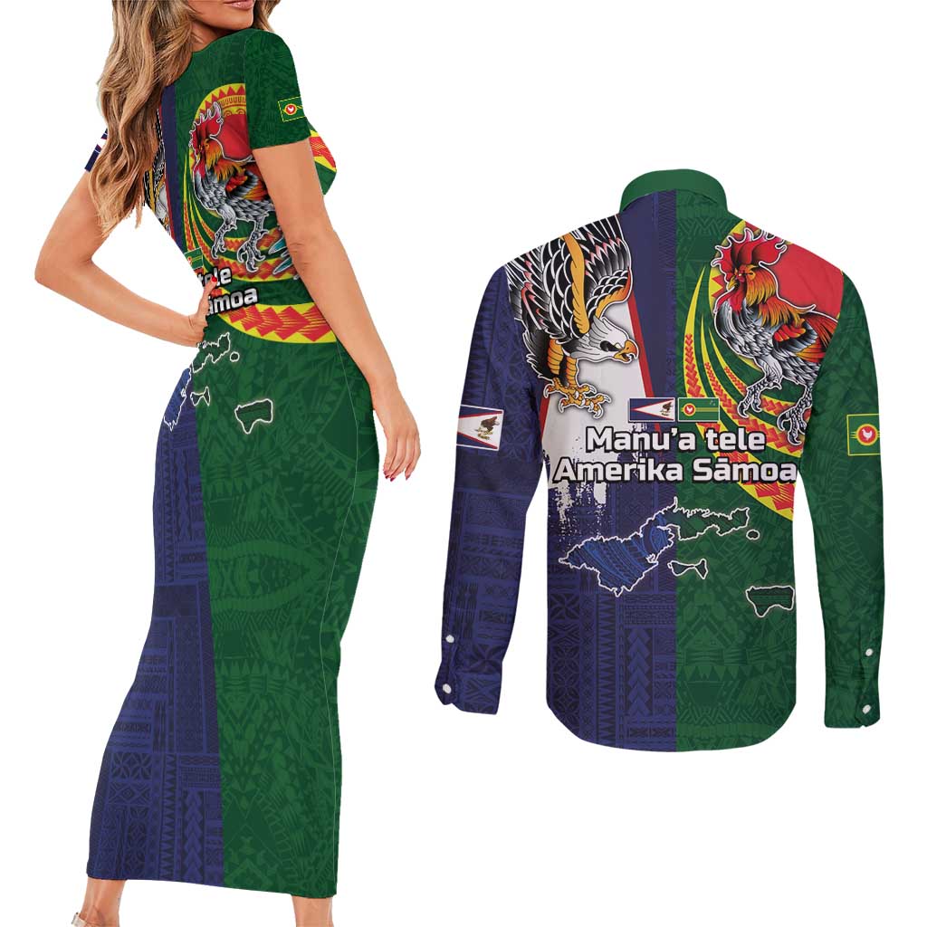 Manuʻa Islands and American Samoa Together Couples Matching Short Sleeve Bodycon Dress and Long Sleeve Button Shirt Rooster and Eagle Mascot National Map and Flag Style LT03 - Polynesian Pride