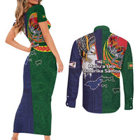 Manuʻa Islands and American Samoa Together Couples Matching Short Sleeve Bodycon Dress and Long Sleeve Button Shirt Rooster and Eagle Mascot National Map and Flag Style LT03 - Polynesian Pride