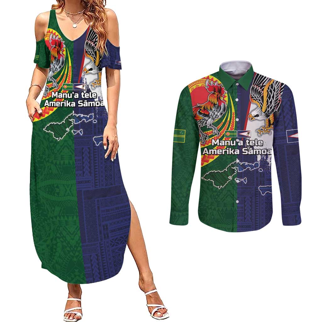 Manuʻa Islands and American Samoa Together Couples Matching Summer Maxi Dress and Long Sleeve Button Shirt Rooster and Eagle Mascot National Map and Flag Style