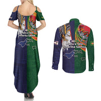 Manuʻa Islands and American Samoa Together Couples Matching Summer Maxi Dress and Long Sleeve Button Shirt Rooster and Eagle Mascot National Map and Flag Style LT03 - Polynesian Pride