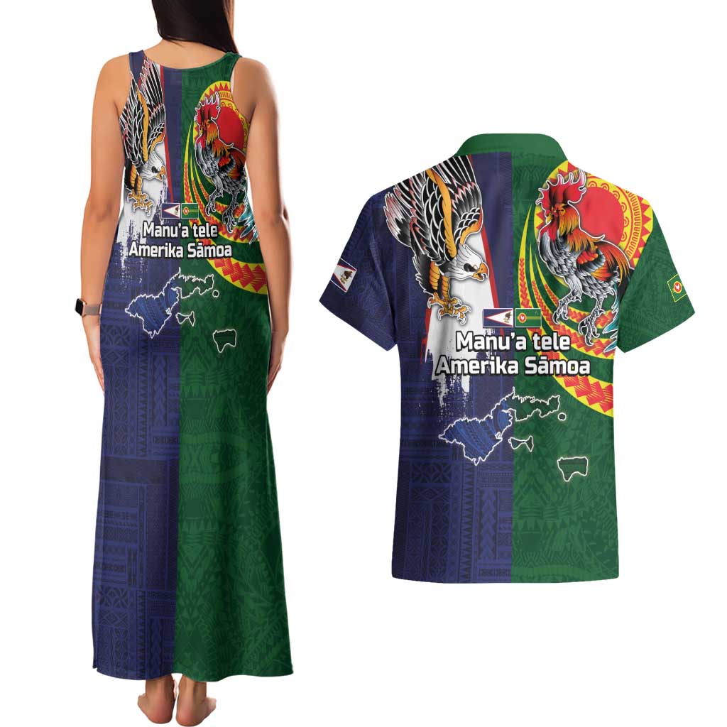 Manuʻa Islands and American Samoa Together Couples Matching Tank Maxi Dress and Hawaiian Shirt Rooster and Eagle Mascot National Map and Flag Style LT03 - Polynesian Pride