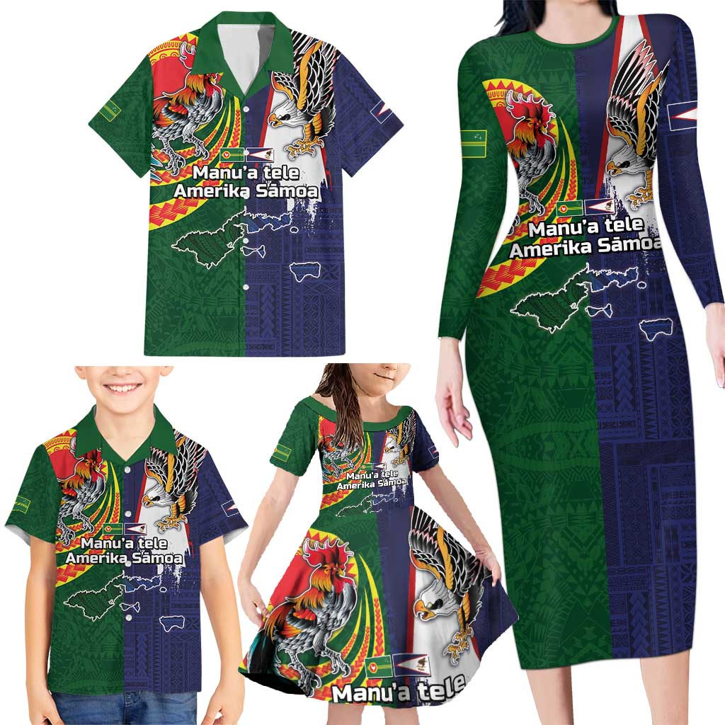 Manuʻa Islands and American Samoa Together Family Matching Long Sleeve Bodycon Dress and Hawaiian Shirt Rooster and Eagle Mascot National Map and Flag Style LT03 - Polynesian Pride
