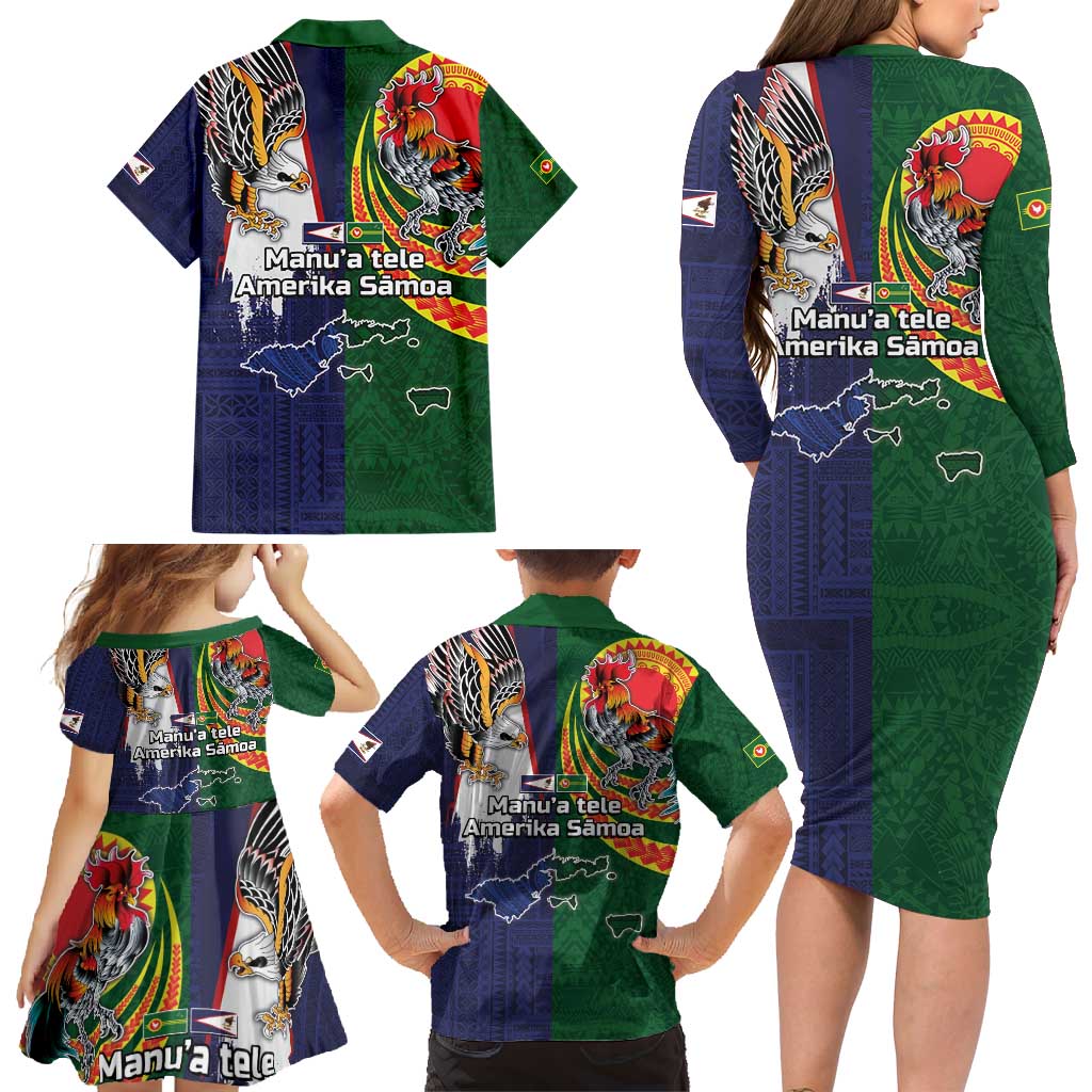 Manuʻa Islands and American Samoa Together Family Matching Long Sleeve Bodycon Dress and Hawaiian Shirt Rooster and Eagle Mascot National Map and Flag Style LT03 - Polynesian Pride