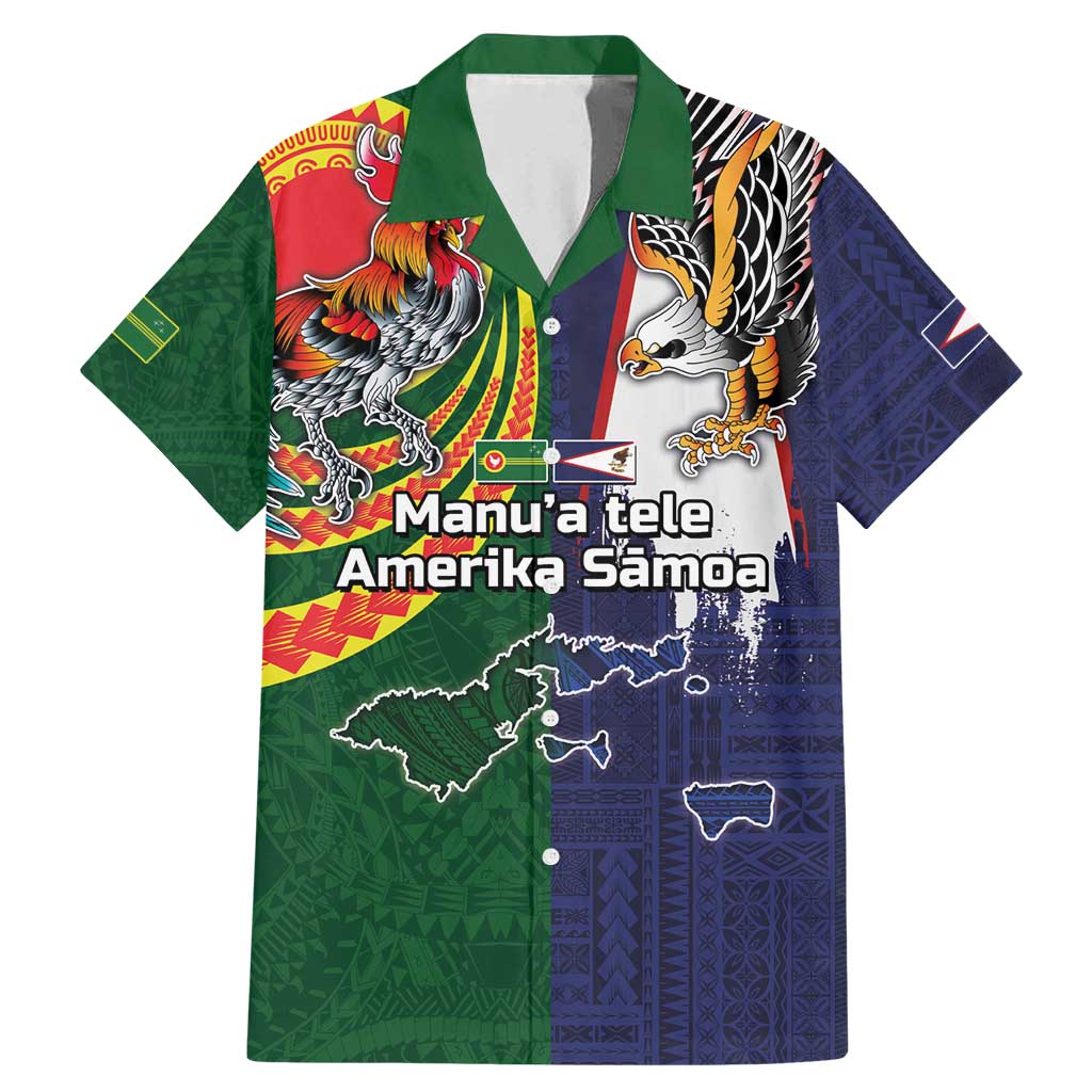 Manuʻa Islands and American Samoa Together Family Matching Mermaid Dress and Hawaiian Shirt Rooster and Eagle Mascot National Map and Flag Style LT03 Dad's Shirt - Short Sleeve Green - Polynesian Pride