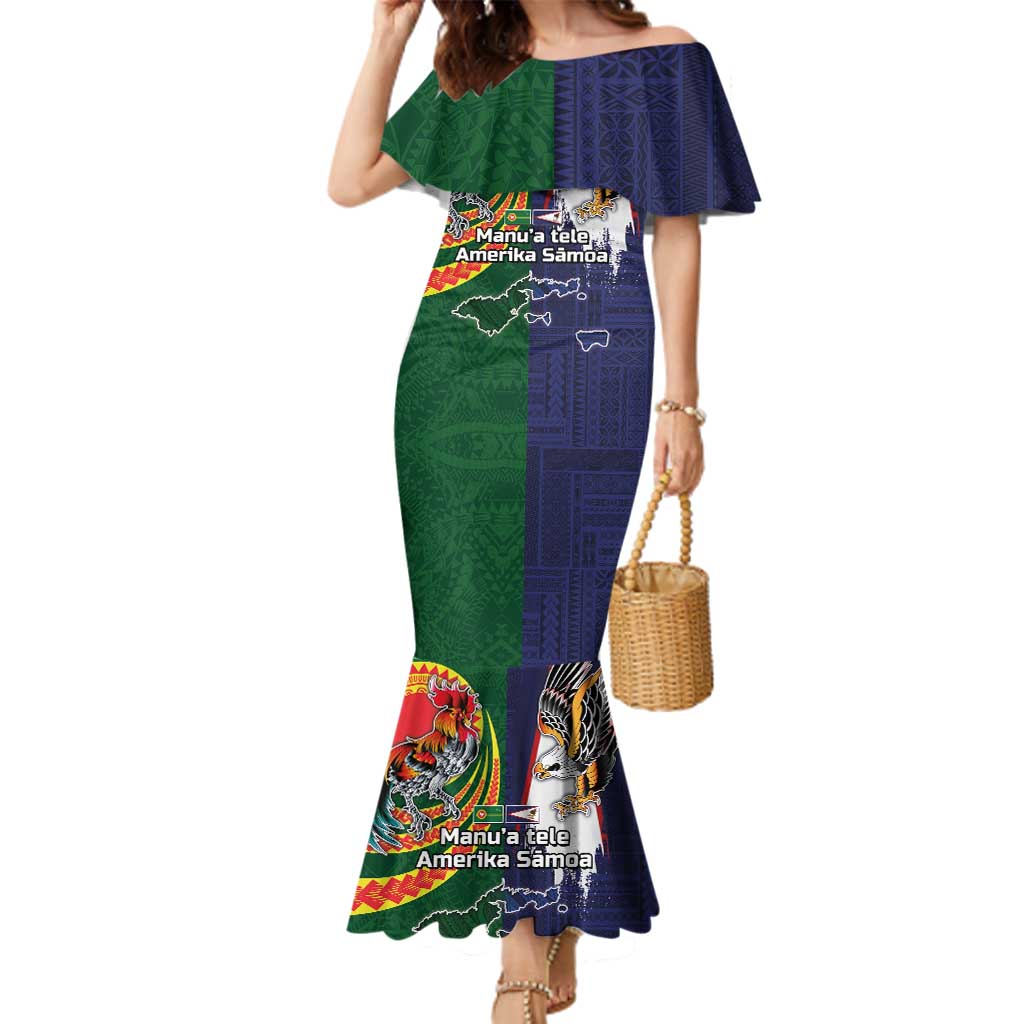 Manuʻa Islands and American Samoa Together Family Matching Mermaid Dress and Hawaiian Shirt Rooster and Eagle Mascot National Map and Flag Style LT03 Mom's Dress Green - Polynesian Pride