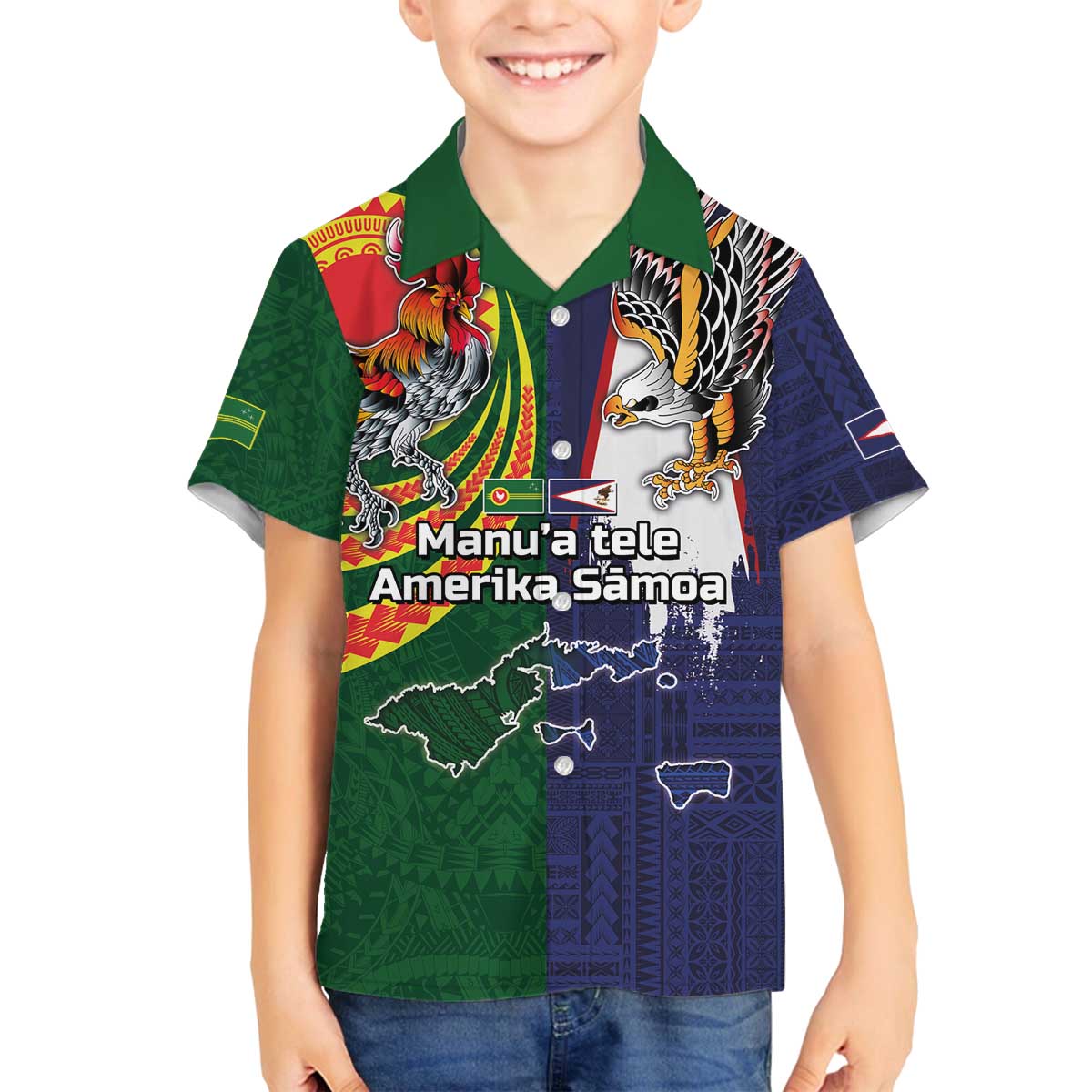 Manuʻa Islands and American Samoa Together Family Matching Off The Shoulder Long Sleeve Dress and Hawaiian Shirt Rooster and Eagle Mascot National Map and Flag Style LT03 Son's Shirt Green - Polynesian Pride