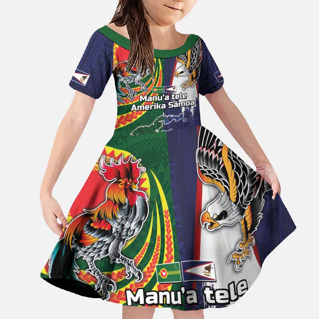 Manuʻa Islands and American Samoa Together Family Matching Off Shoulder Maxi Dress and Hawaiian Shirt Rooster and Eagle Mascot National Map and Flag Style LT03 Daughter's Dress Green - Polynesian Pride