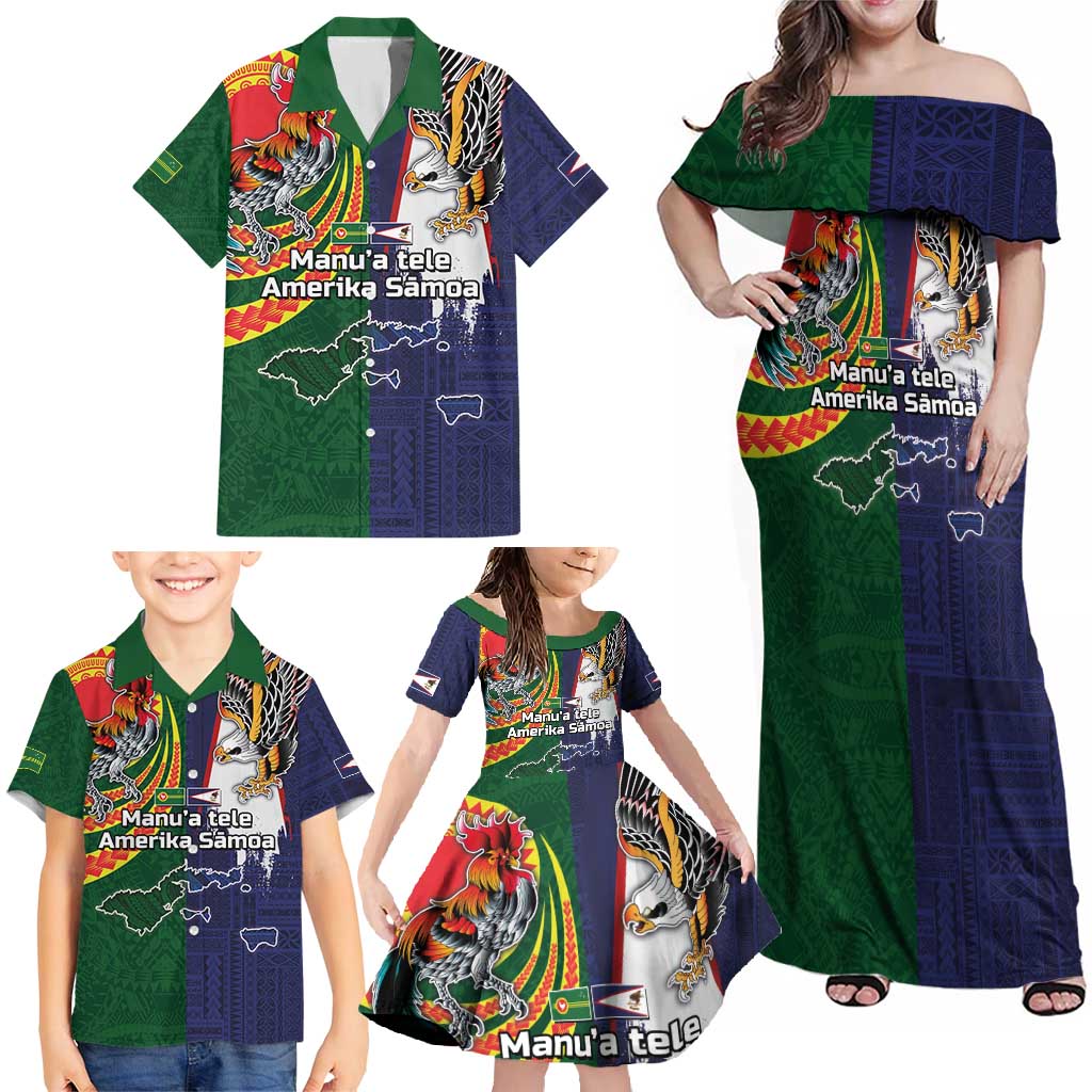 Manuʻa Islands and American Samoa Together Family Matching Off Shoulder Maxi Dress and Hawaiian Shirt Rooster and Eagle Mascot National Map and Flag Style LT03 - Polynesian Pride