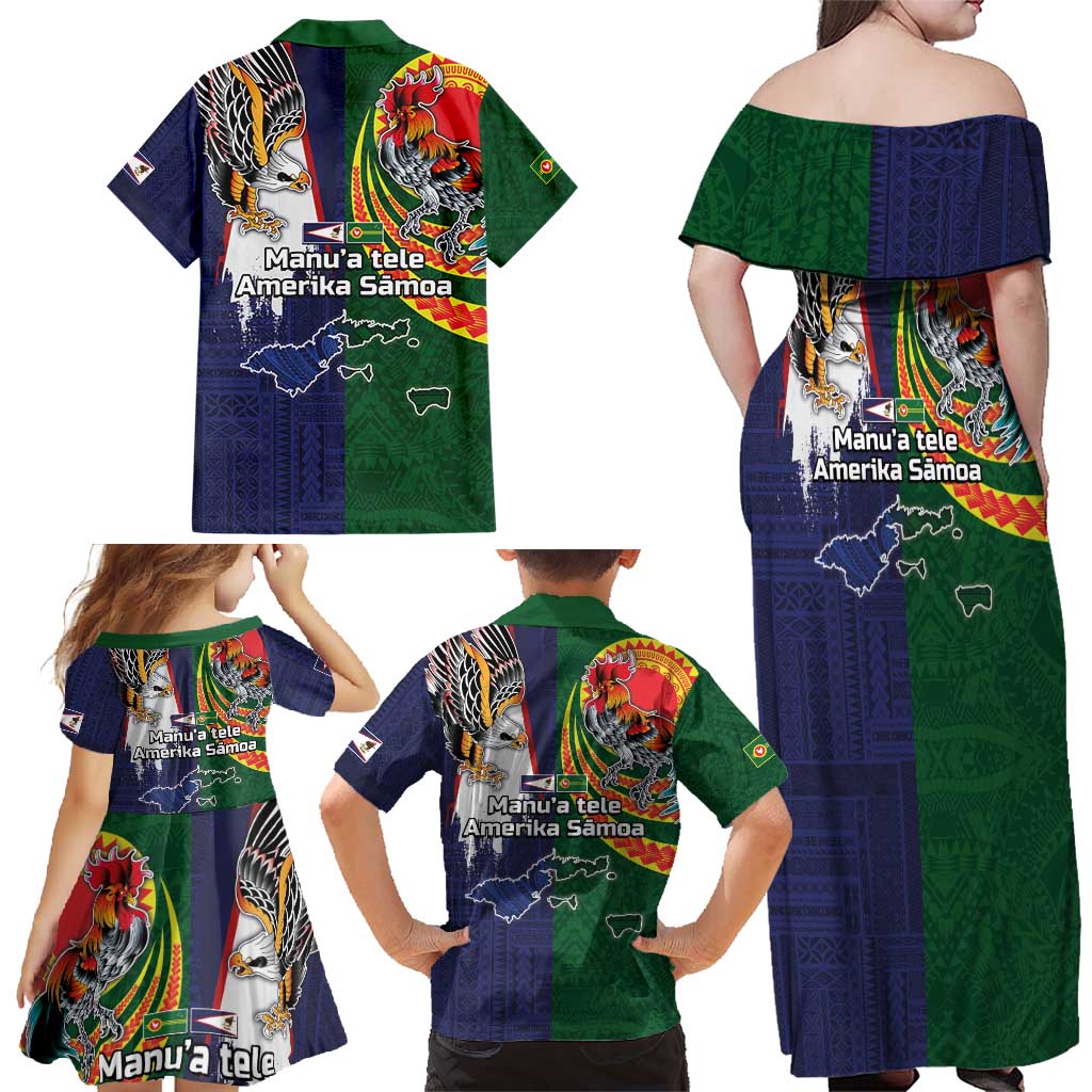Manuʻa Islands and American Samoa Together Family Matching Off Shoulder Maxi Dress and Hawaiian Shirt Rooster and Eagle Mascot National Map and Flag Style LT03 - Polynesian Pride