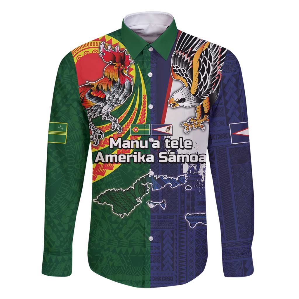 Manuʻa Islands and American Samoa Together Family Matching Off Shoulder Maxi Dress and Hawaiian Shirt Rooster and Eagle Mascot National Map and Flag Style LT03 Dad's Shirt - Long Sleeve Green - Polynesian Pride