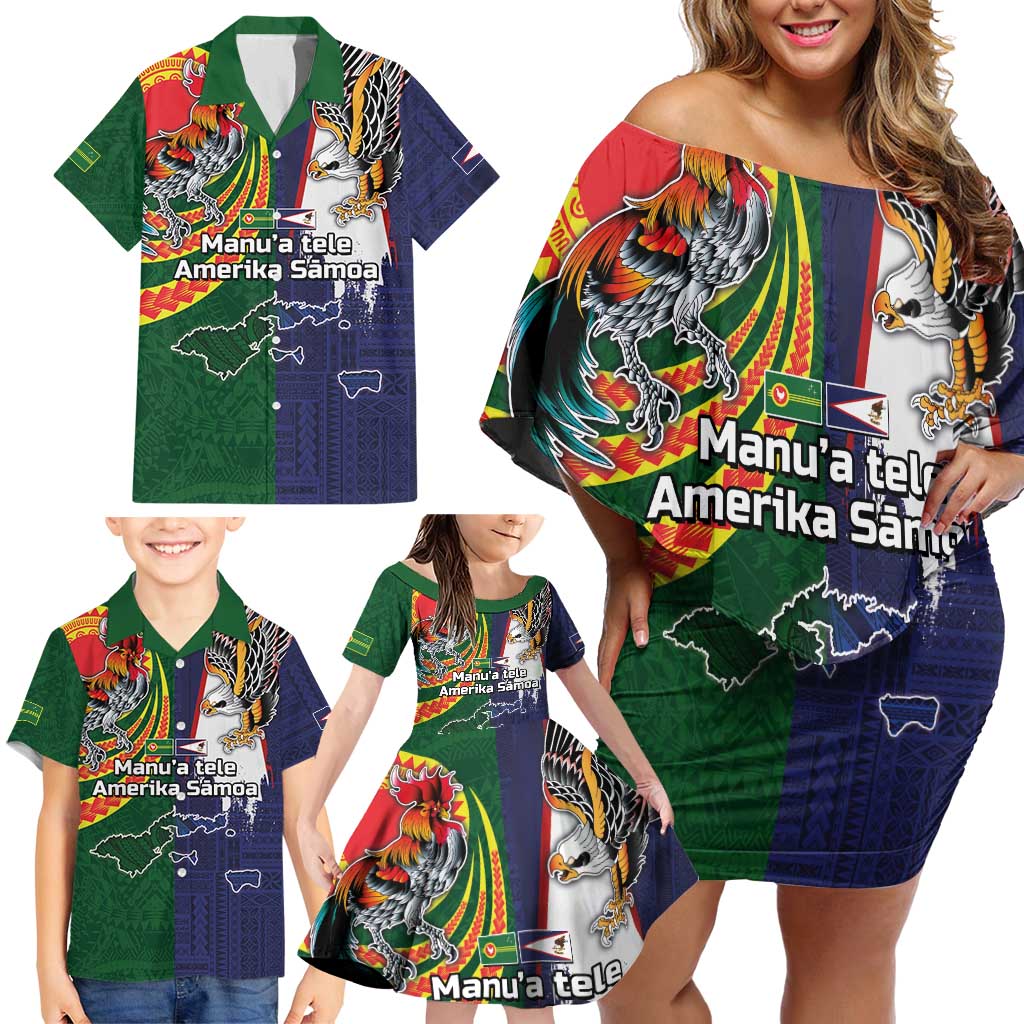 Manuʻa Islands and American Samoa Together Family Matching Off Shoulder Short Dress and Hawaiian Shirt Rooster and Eagle Mascot National Map and Flag Style LT03 - Polynesian Pride