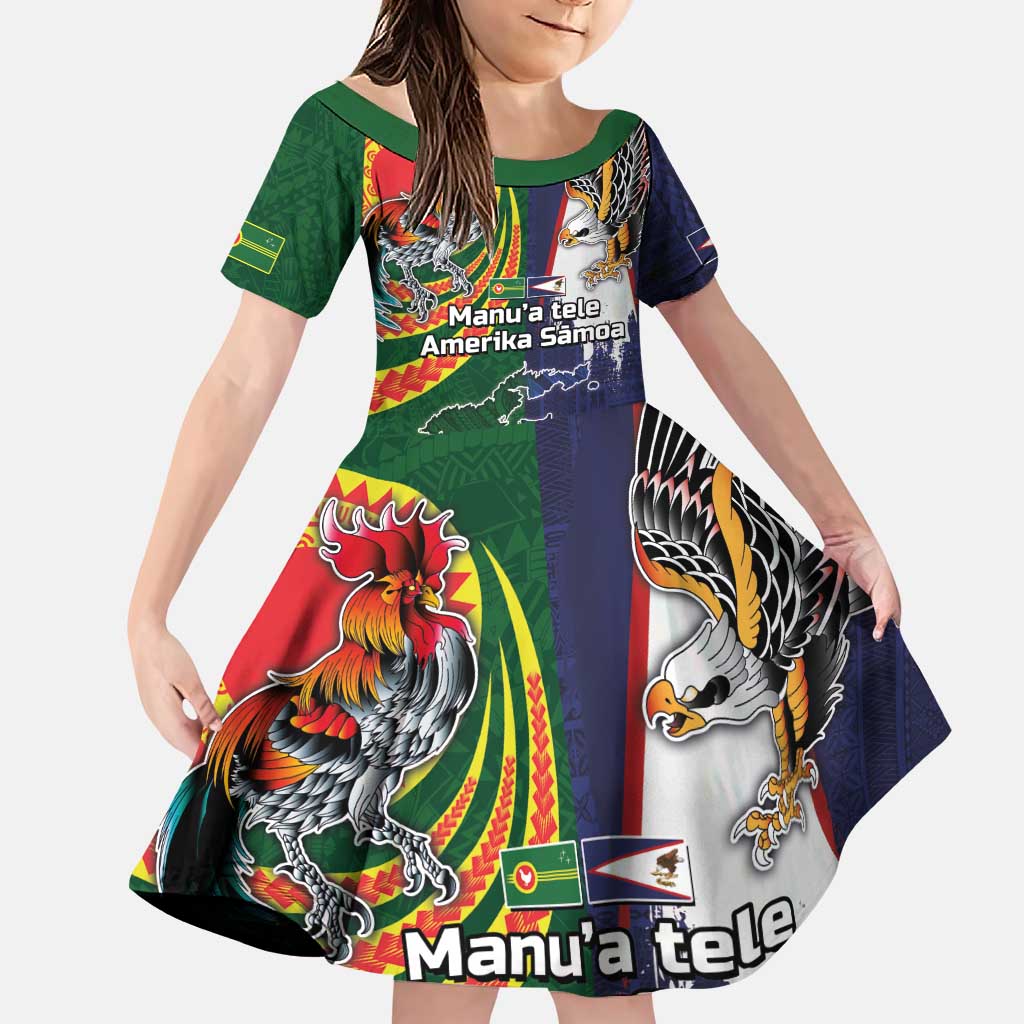 Manuʻa Islands and American Samoa Together Family Matching Puletasi and Hawaiian Shirt Rooster and Eagle Mascot National Map and Flag Style LT03 Daughter's Dress Green - Polynesian Pride