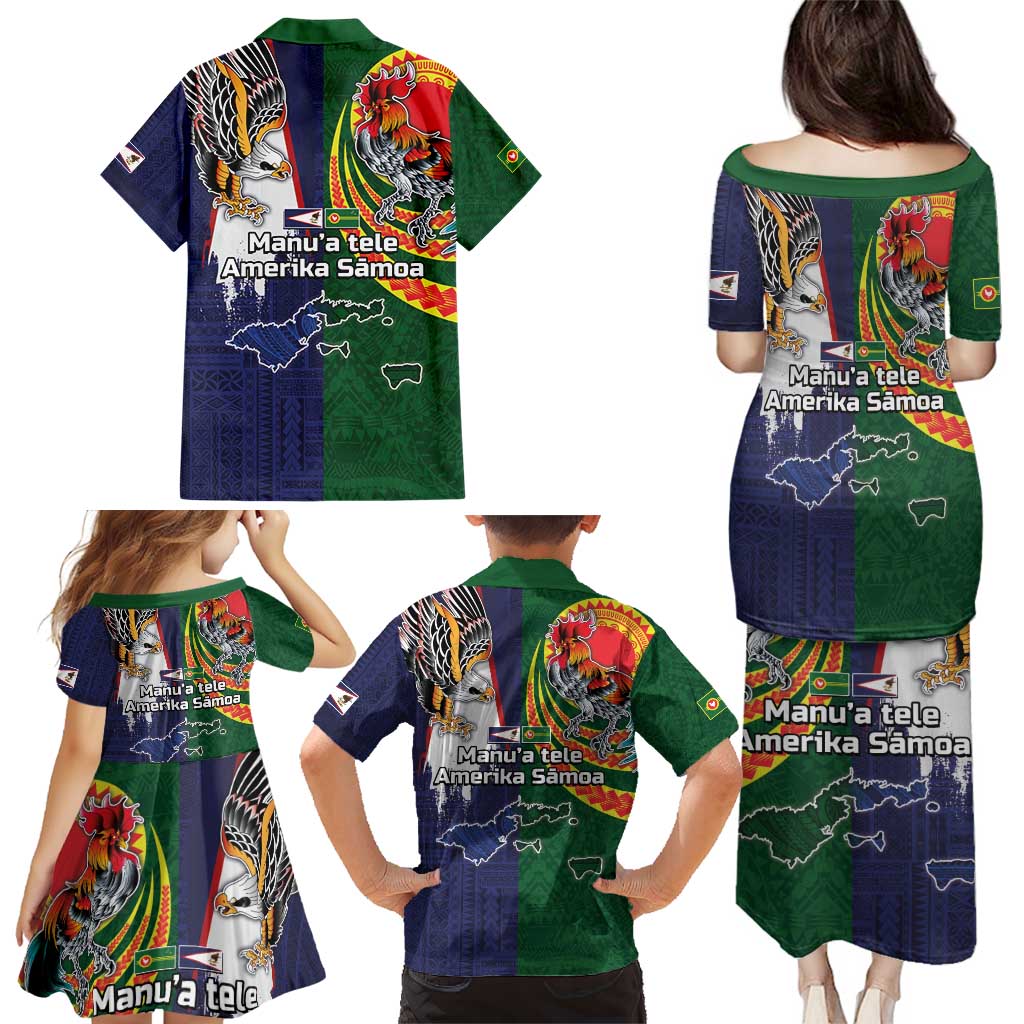 Manuʻa Islands and American Samoa Together Family Matching Puletasi and Hawaiian Shirt Rooster and Eagle Mascot National Map and Flag Style LT03 - Polynesian Pride