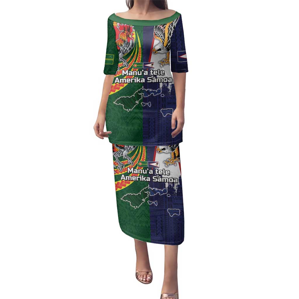Manuʻa Islands and American Samoa Together Family Matching Puletasi and Hawaiian Shirt Rooster and Eagle Mascot National Map and Flag Style LT03 Mom's Dress Green - Polynesian Pride
