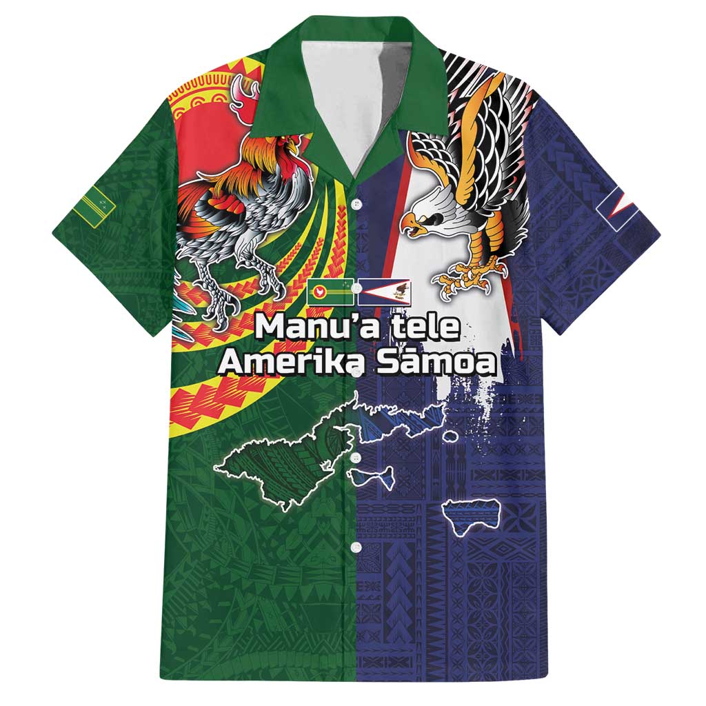 Manuʻa Islands and American Samoa Together Family Matching Summer Maxi Dress and Hawaiian Shirt Rooster and Eagle Mascot National Map and Flag Style LT03 Dad's Shirt - Short Sleeve Green - Polynesian Pride